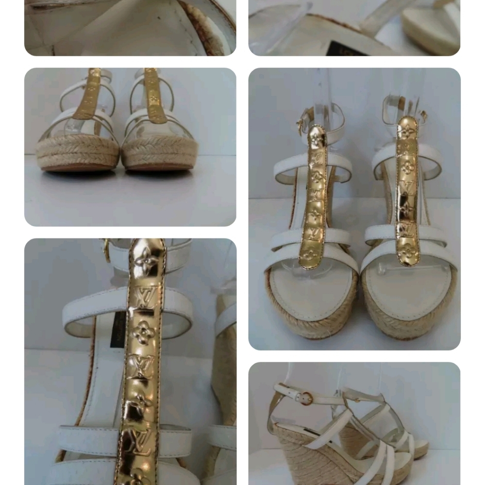 NWOB Louis Vuitton White/Gold Leather Strappy Open Toe Wedges/Shoes 37/6.5